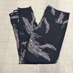 FP Movement by Free People Black Leggings with Pink & Gray Feather Print